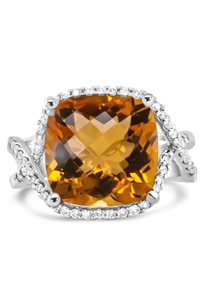 Cushion Cut Yellow Citrine Gemstone and 1/3 Cttw Round Pave-Set Diamond Ring -